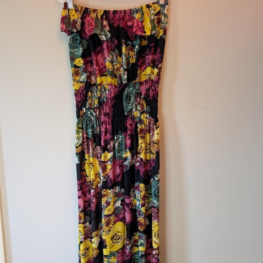 Strapless Maxi Ruffle Dress Romantic Goth Botanical Black Yellow Mint Size Large
